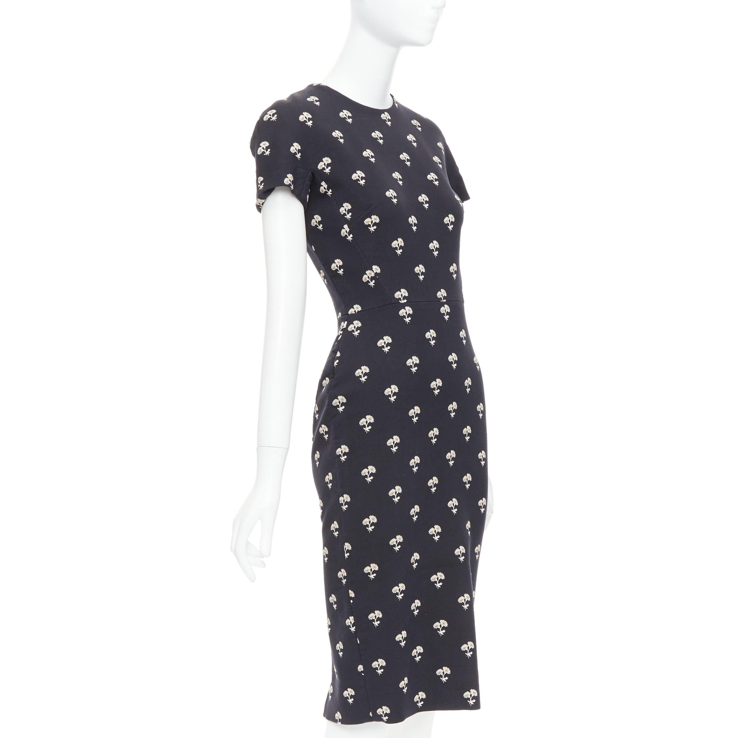 Black VICTORIA BECKHAM black white daisy floral cotton sheath dress UK10 M