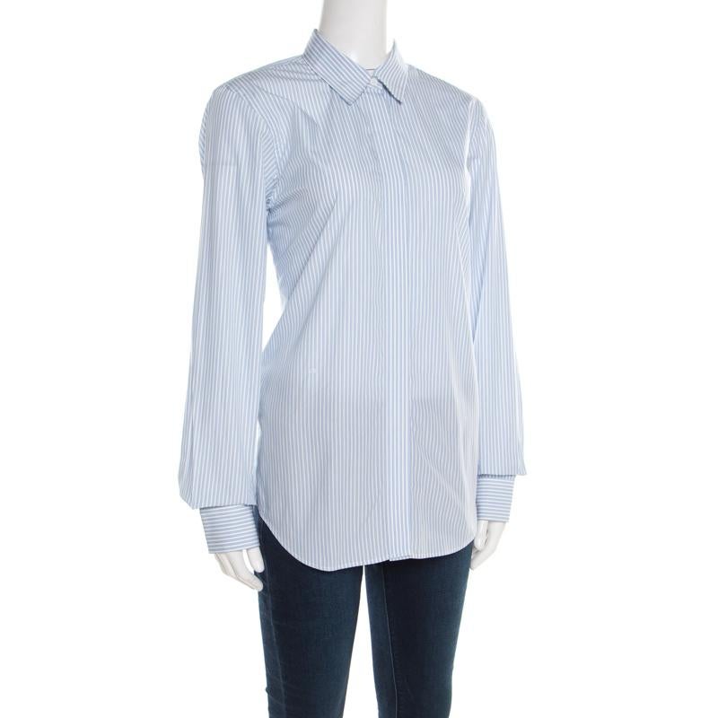 srtiped blue and white silk shirt with open back