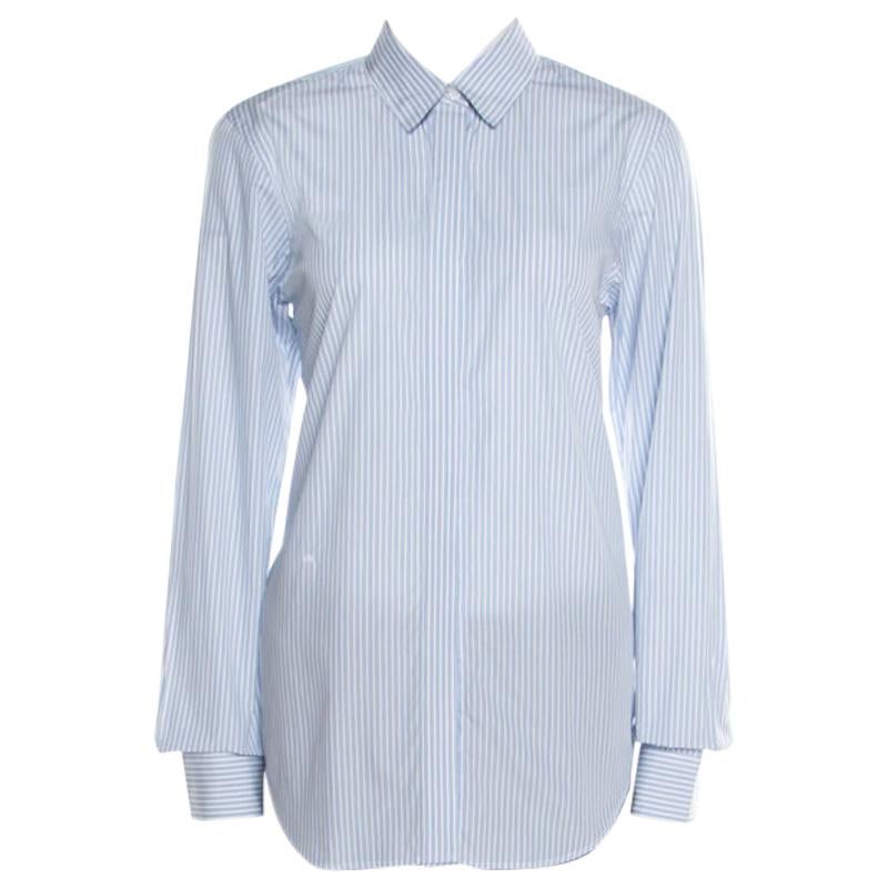 Victoria Beckham Blue and White Striped Cotton Buttoned Back Detail Shirt M