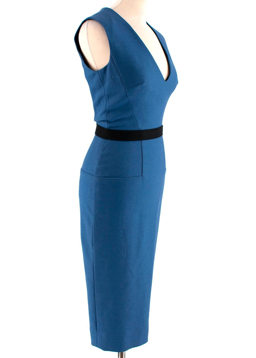 Victoria Beckham Blue Wool Fitted Sleeveless Dress

- Blue wool-blend fitted dress
- Long-length design
- Darted detailing 
- Back zip fastening 
- Black waist belt 

Materials: 
Outer - 95% wool, 3% polyamide, 2% elastane 
Trim - 100% cotton

Dry