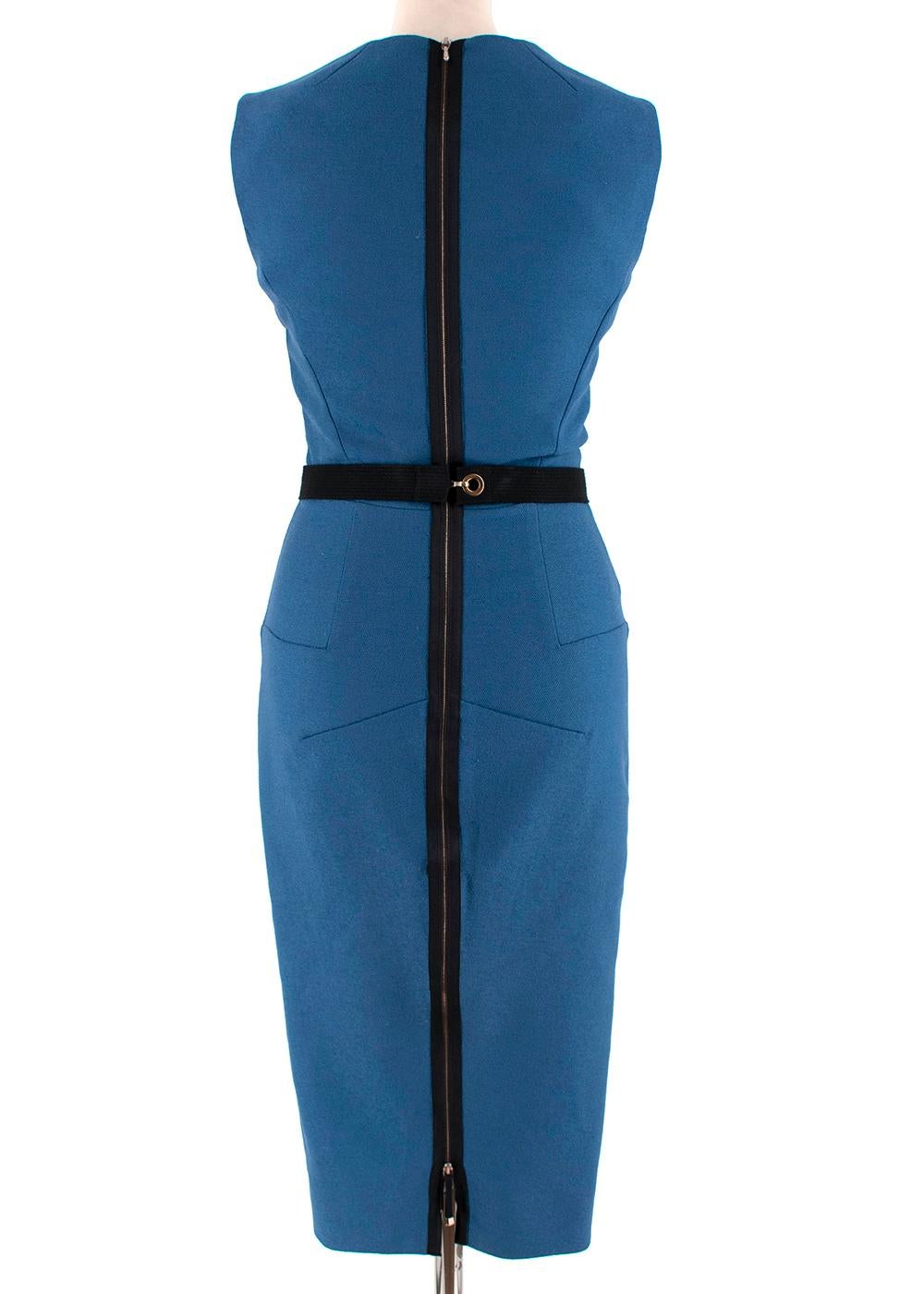 Victoria Beckham Blue Wool Fitted Sleeveless Dress - Size US 4 In New Condition For Sale In London, GB