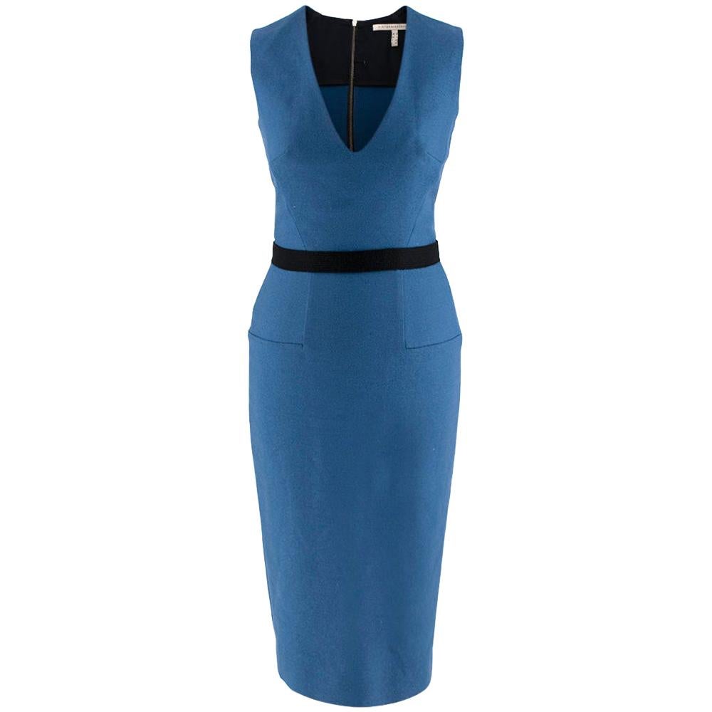 Victoria Beckham Blue Wool Fitted Sleeveless Dress - Size US 4 For Sale