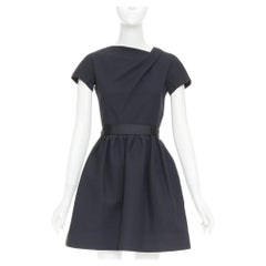 VICTORIA BECKHAM Dress N91 black cotton blend gathered crepe belted dress UK8 S