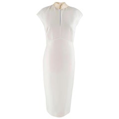Used Victoria Beckham Ivory silk fitted high neck midi dress 10 UK
