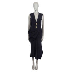 VICTORIA BECKHAM midnight blue wool 2015 DRAPED SLEEVELESS MIDI Dress 12 M