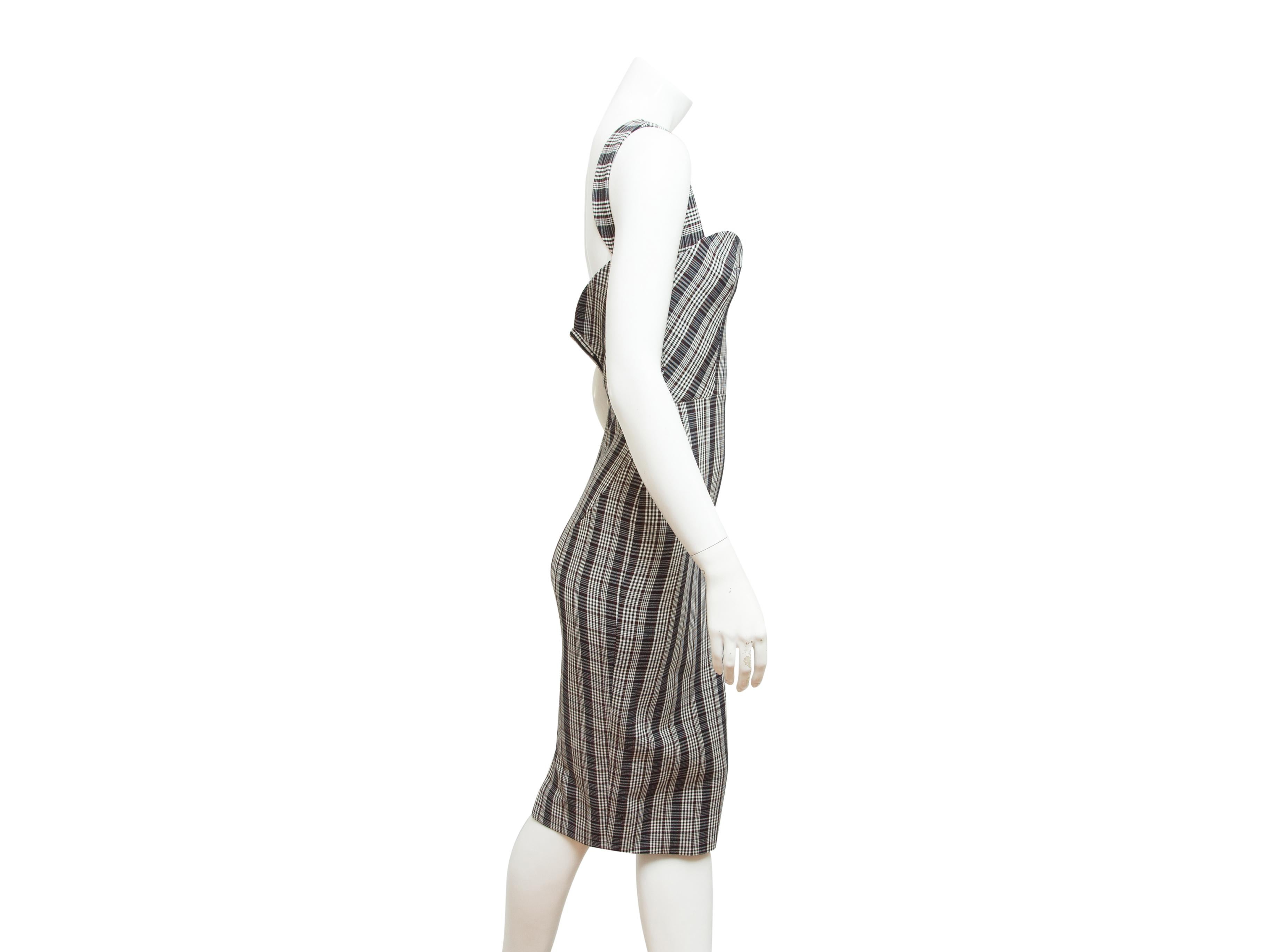 Product details:  Multicolor plaid sheath dress by Victoria Beckham.  Sweetheart neck.  Sleeveless.  Exposed back zip closure.  Silvertone hardware.  30