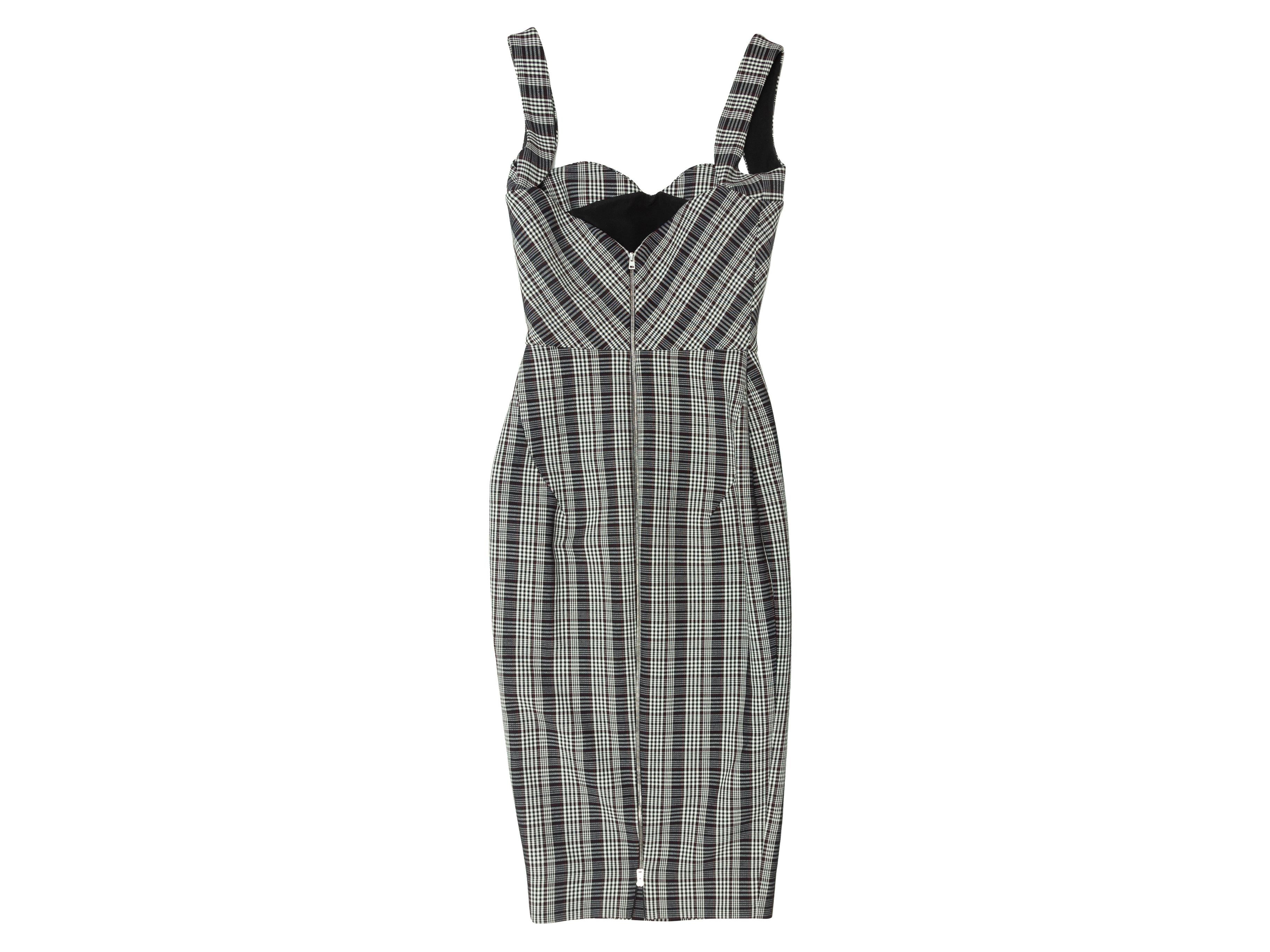 Product details:  Multicolor plaid sheath dress by Victoria Beckham.  Sweetheart neck.  Sleeveless.  Exposed back zip closure.  Silvertone hardware.  30