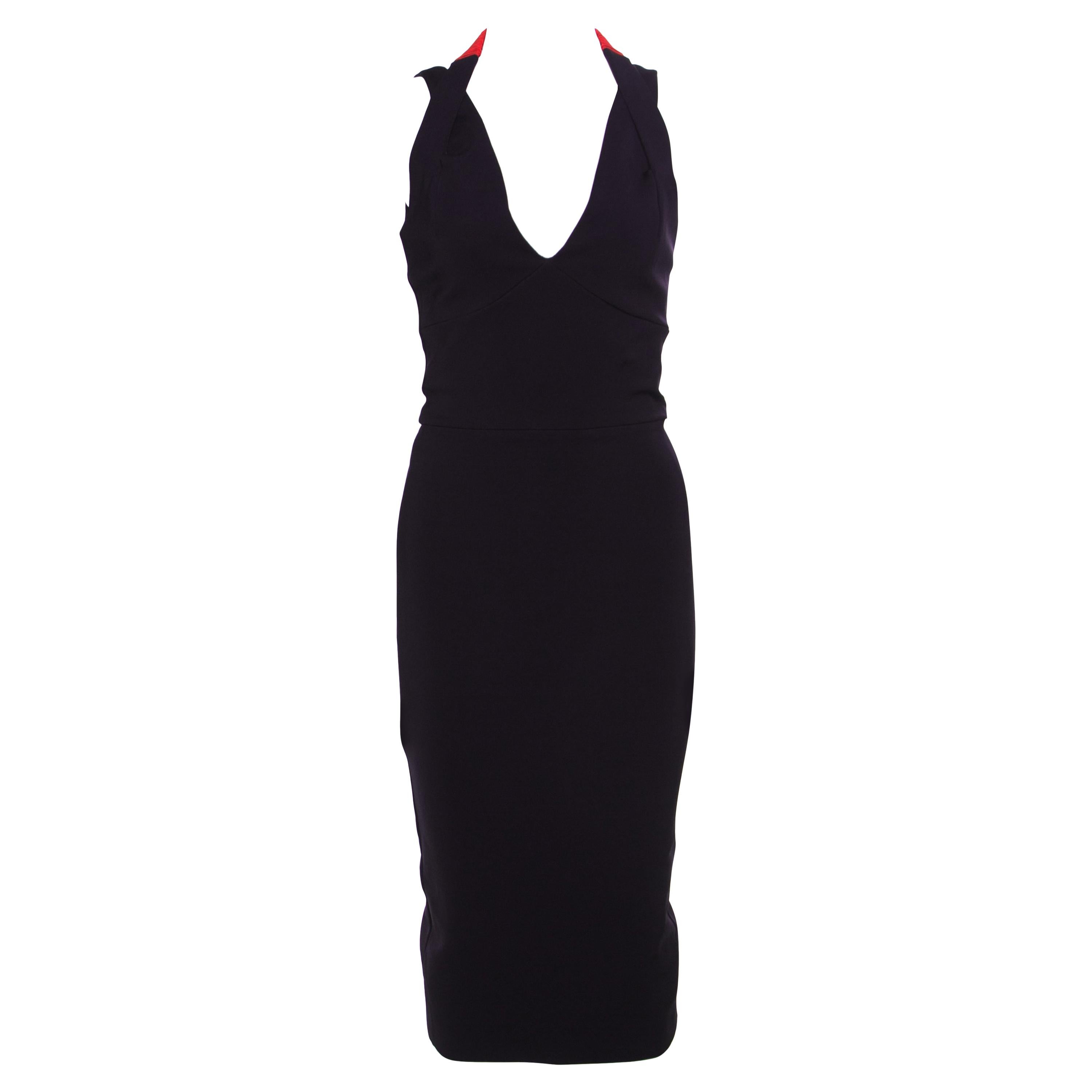 Victoria Beckham Navy Blue Contrast Trim Plunge Neck Halter Dress M For  Sale at 1stDibs