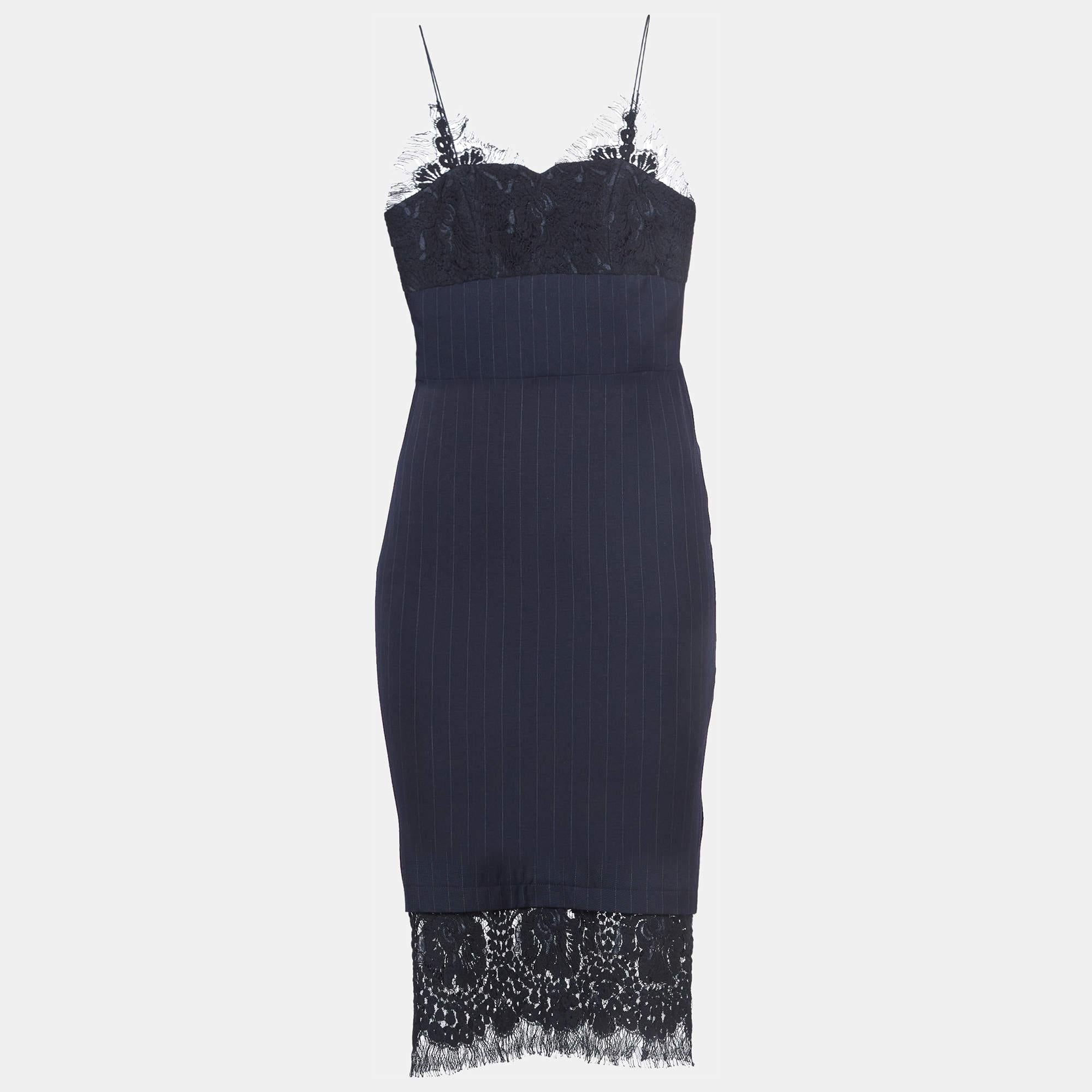 Victoria Beckham Navy Blue Pinstriped Wool Lace-Trimmed Midi Dress S In Good Condition For Sale In Dubai, Al Qouz 2