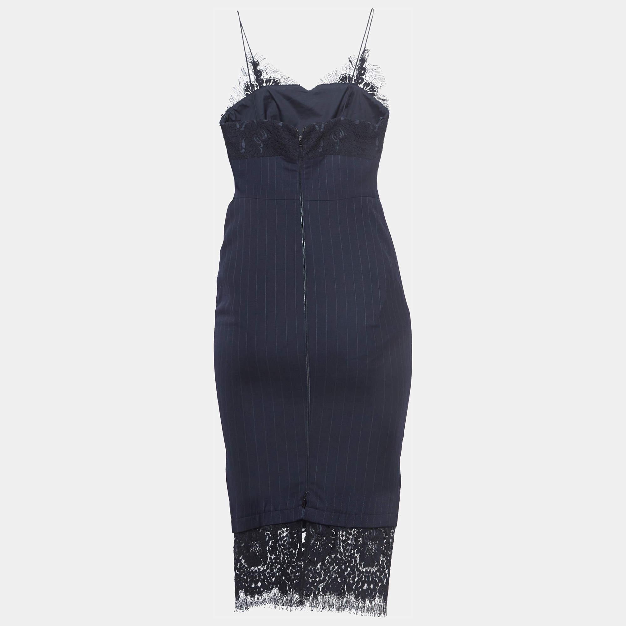 Women's Victoria Beckham Navy Blue Pinstriped Wool Lace-Trimmed Midi Dress S For Sale