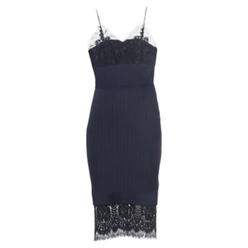 Victoria Beckham Vestido midi de lana a rayas azul marino con encaje S