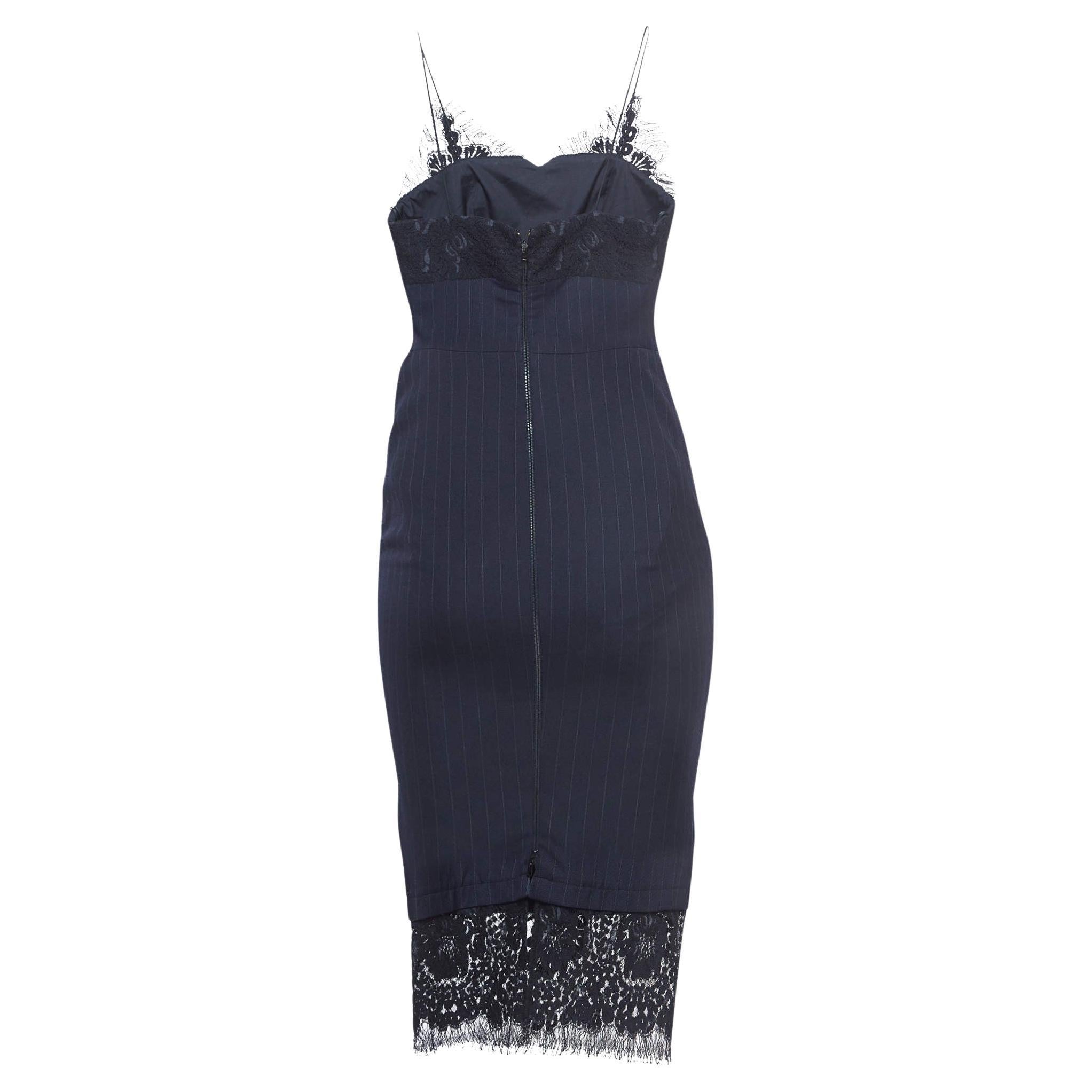 Victoria Beckham Navy Blue Pinstriped Wool Lace-Trimmed Midi Dress S For Sale