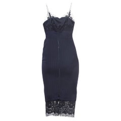 Used Victoria Beckham Navy Blue Pinstriped Wool Lace-Trimmed Midi Dress S