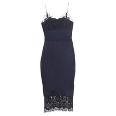 Victoria Beckham Navy Blue Pinstriped Wool Lace-Trimmed Midi Dress S
