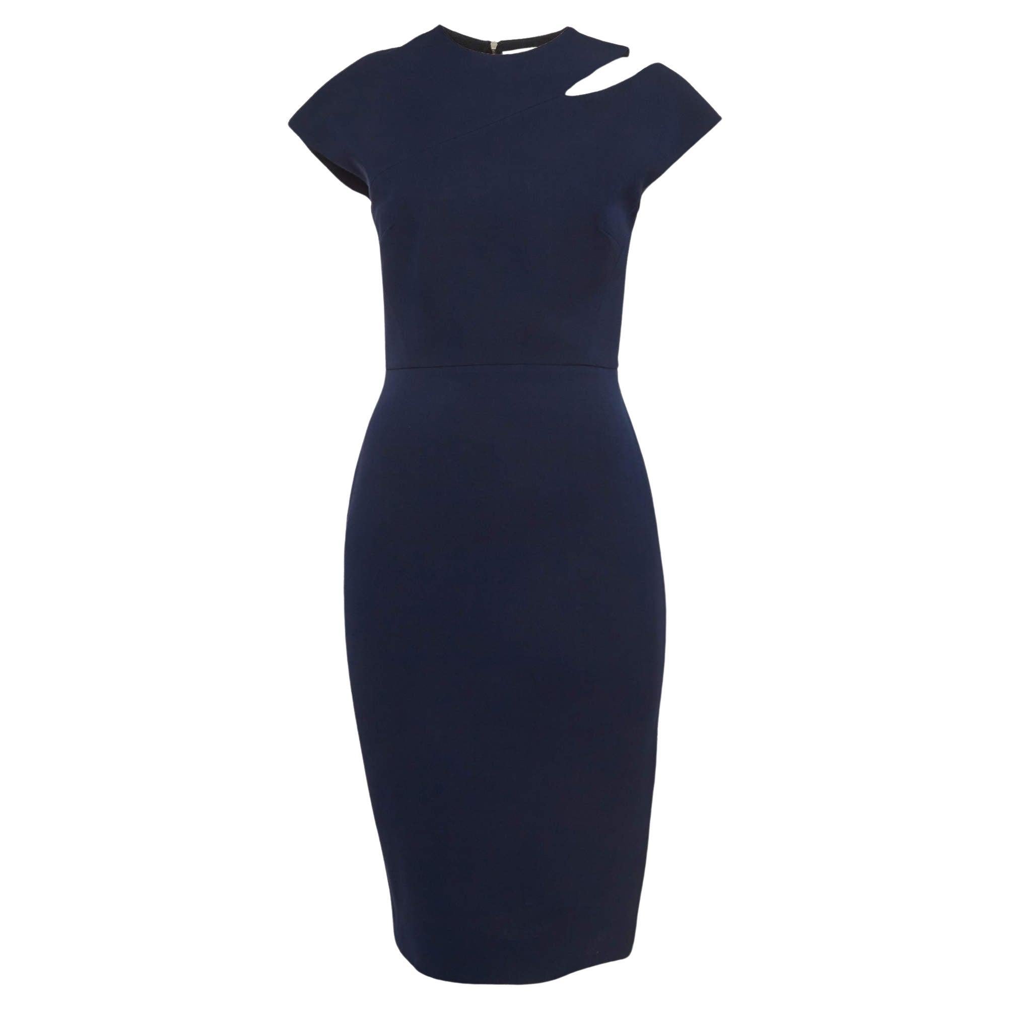 Victoria Beckham Navy Blue Silk Blend Cut Out Detail Sheath Dress M