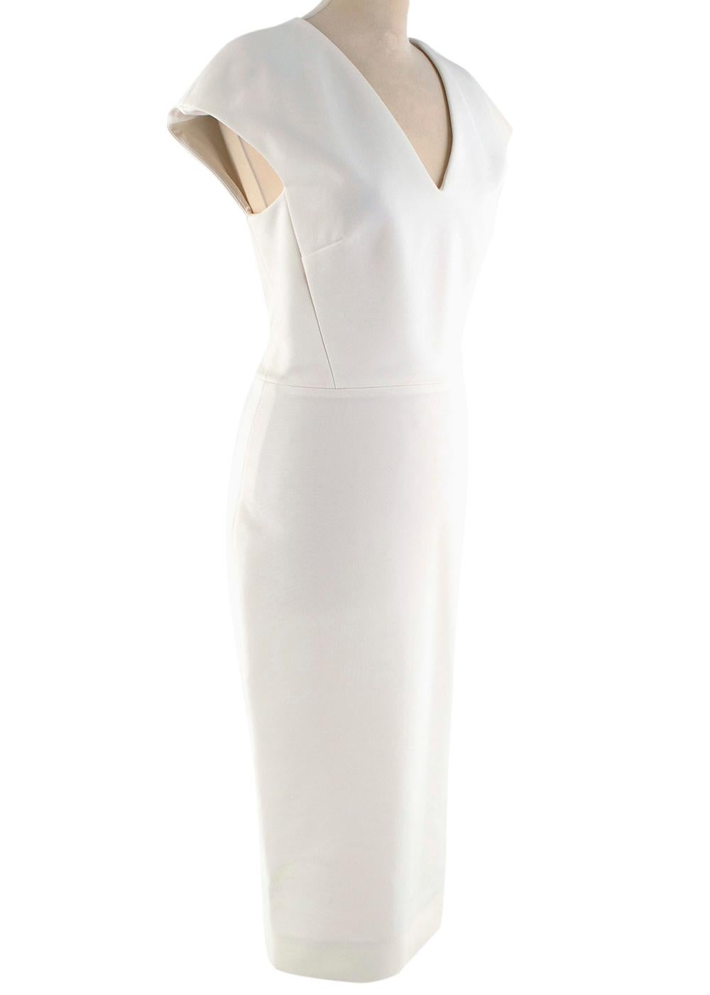 Victoria Beckham Off-White V Neck Fitted Dress

- Mid weight 
- V neck cut
- Exposed back zip
- Sleeveless
- Fitted waist 
- Midi/knee length
- Reinforced hemline
- Darted detailing

Materials:
- 86% Viscose
- 10% Nylon
- 4% Elastane
Lining
- 100%