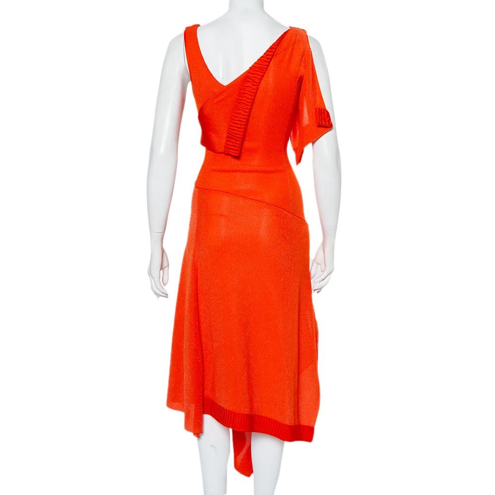 Red Victoria Beckham Orange Mesh Knit Ruffle Detail Asymmetric Hem Midi Dress S
