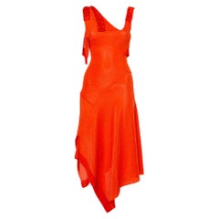 Victoria Beckham Orange Mesh Knit Ruffle Detail Asymmetric Hem Midi Dress S