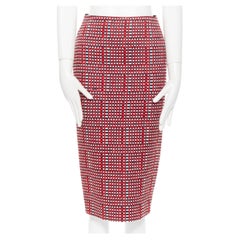 VICTORIA BECKHAM red blue wool knit jacquard contrast bodycon pencil skirt UK8