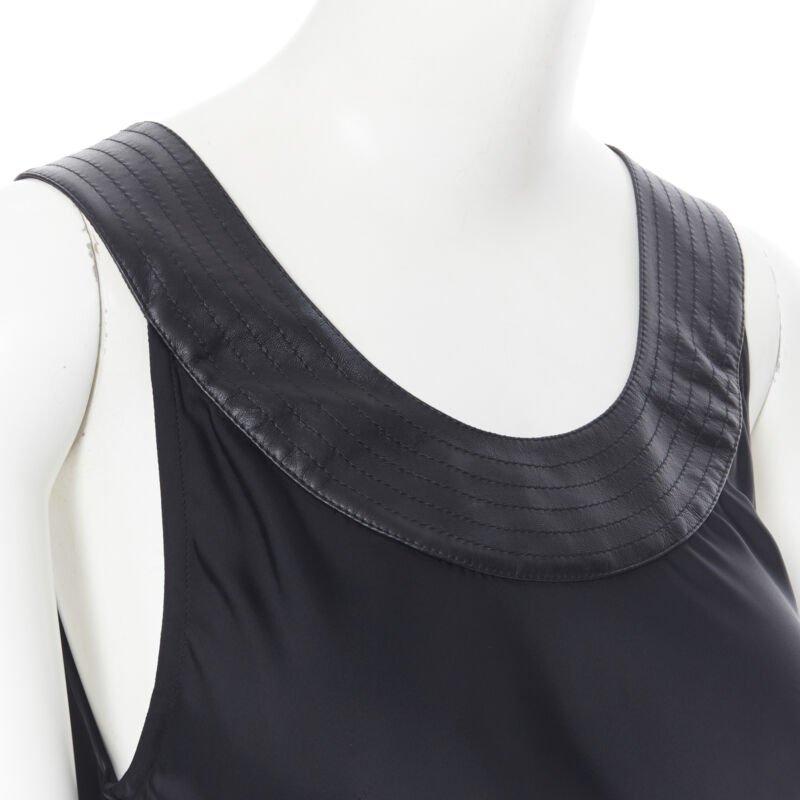 Black VICTORIA BECKHAM Runway heavy satin leather collar belted bias dress UK12 L For Sale