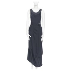 VICTORIA BECKHAM Pasarela pesado satén cuero cuello cinturón bies vestido UK12 L