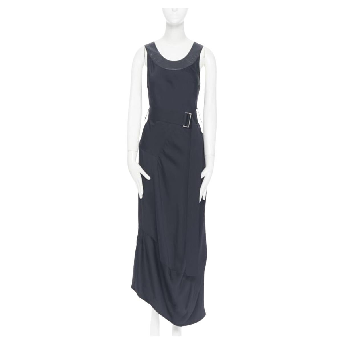 VICTORIA BECKHAM Runway heavy satin leather collar belted bias dress UK8 S