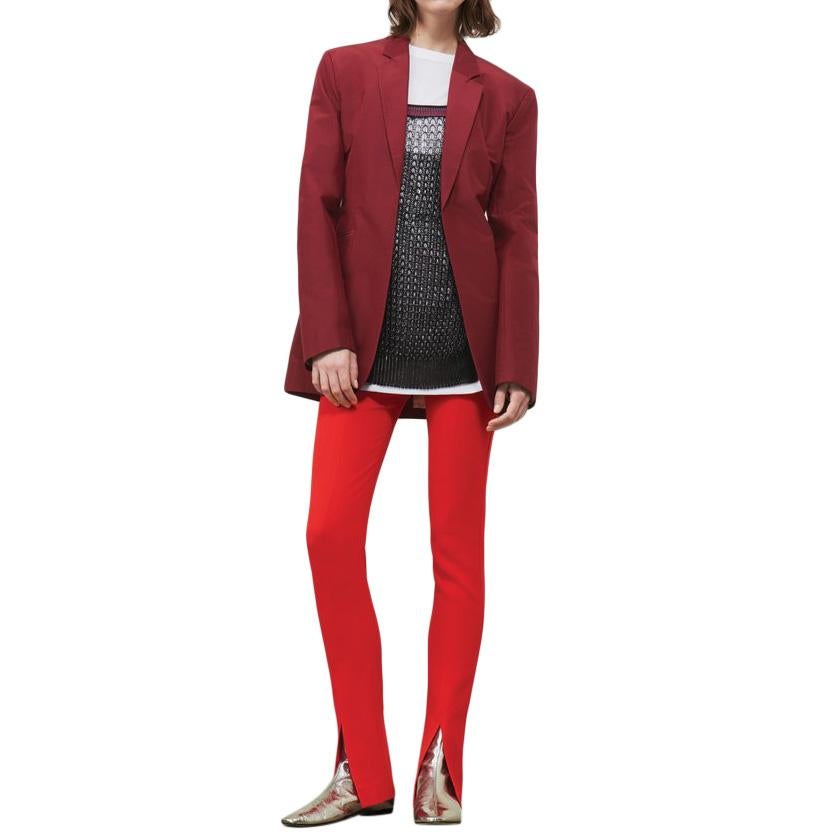 Victoria Beckham Silk Taffeta Masculine Jacket in Burgundy 

- Single Button Up Jacket 
- Two Front Pockets 
- Collared 
- Fully Lined 
- Contrast Lining 
- Tonal Stitching

Materials 
63% Cotton
37% Silk
Lining
100% Viscose
Lining
65% Polyester
35%