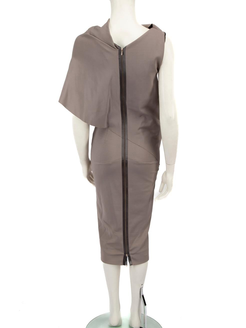 Gray Victoria Beckham Taupe Asymmetric Sleeve Dress Size S For Sale