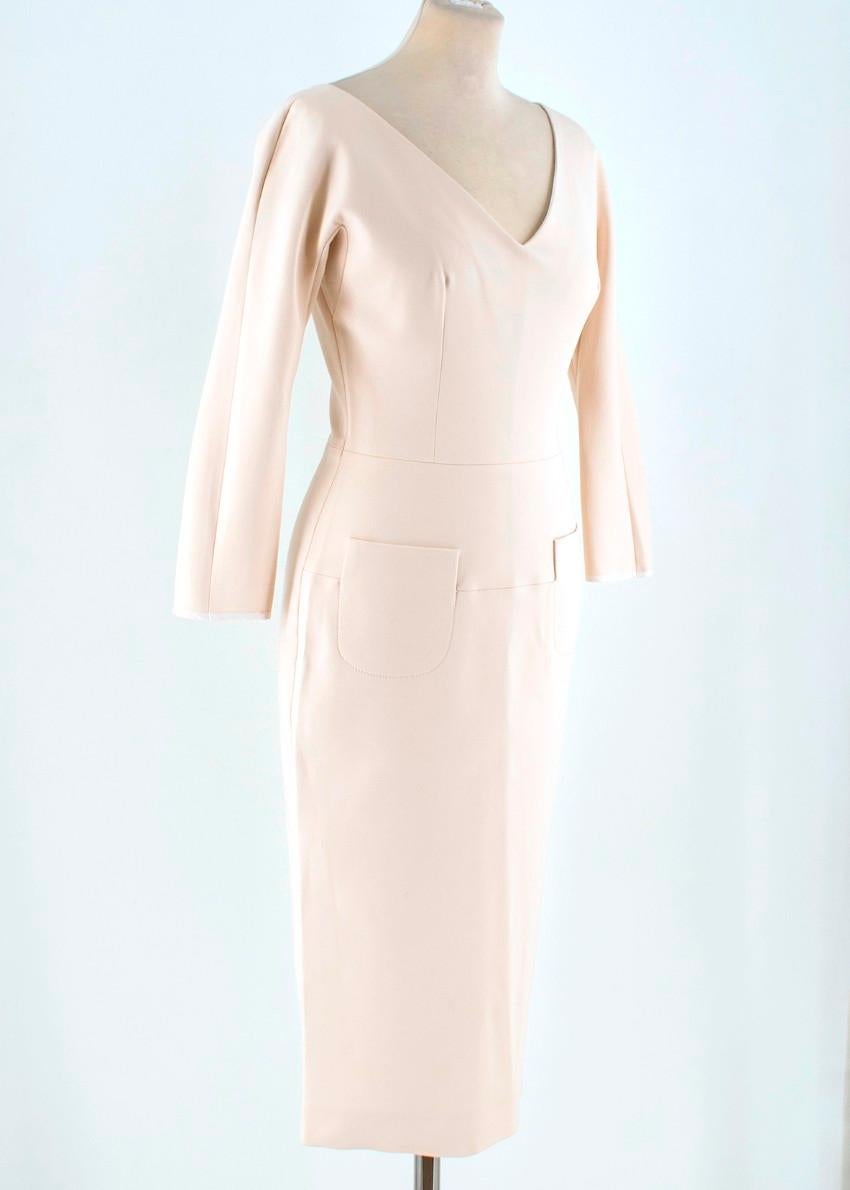 Victoria Beckham nude V-neck pencil dress

- Nude, soft-touch cotton-blend twill
- Wide cut V-neck, 3/4 length sleeves 
- Front patch pockets 
- Centre-back two-way zip fastening, grey satin trim

Please note, these items are pre-owned and may show