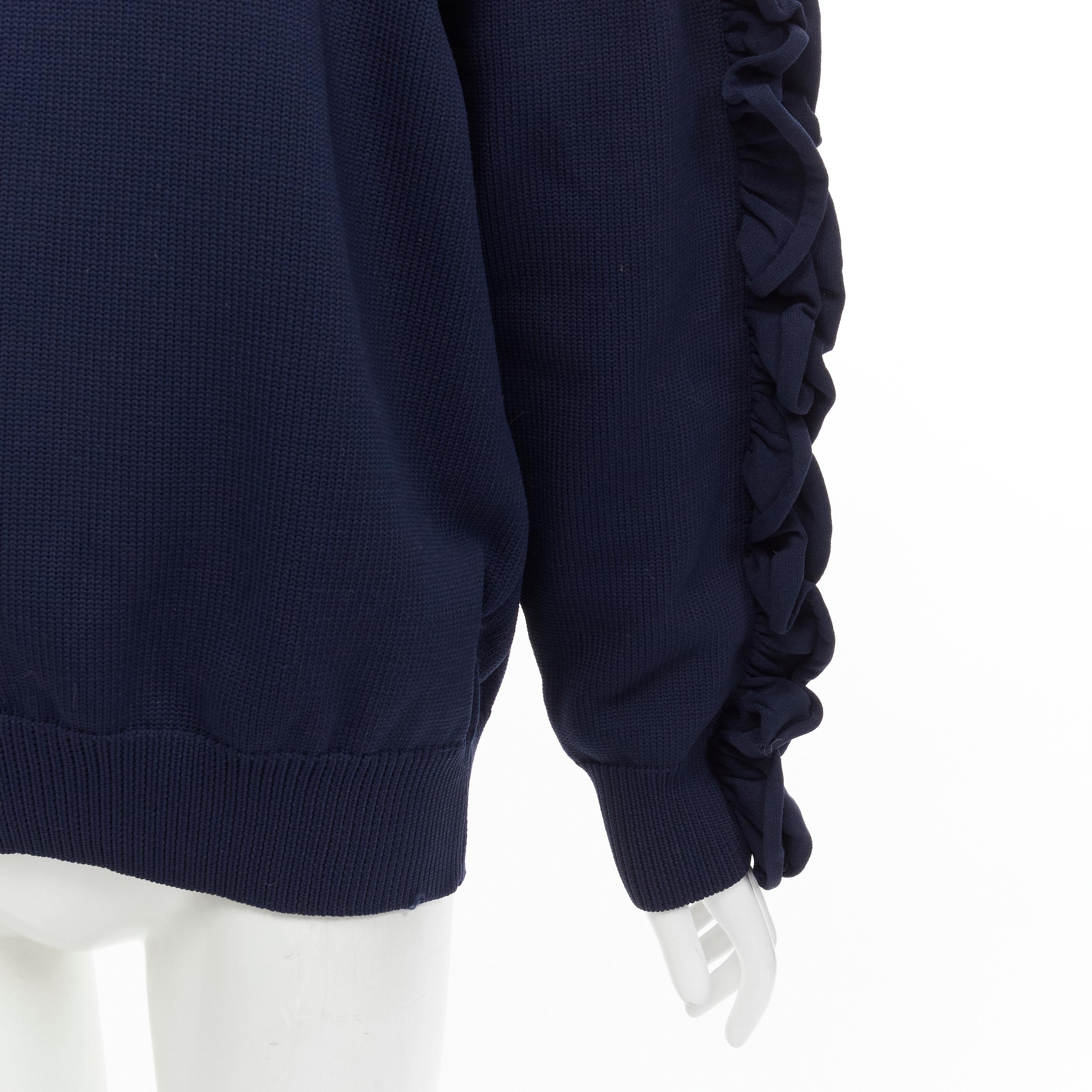 Black VICTORIA BECKHAM VVB navy blue ruffle sleeve pullover crew sweatshirt UK12 L For Sale