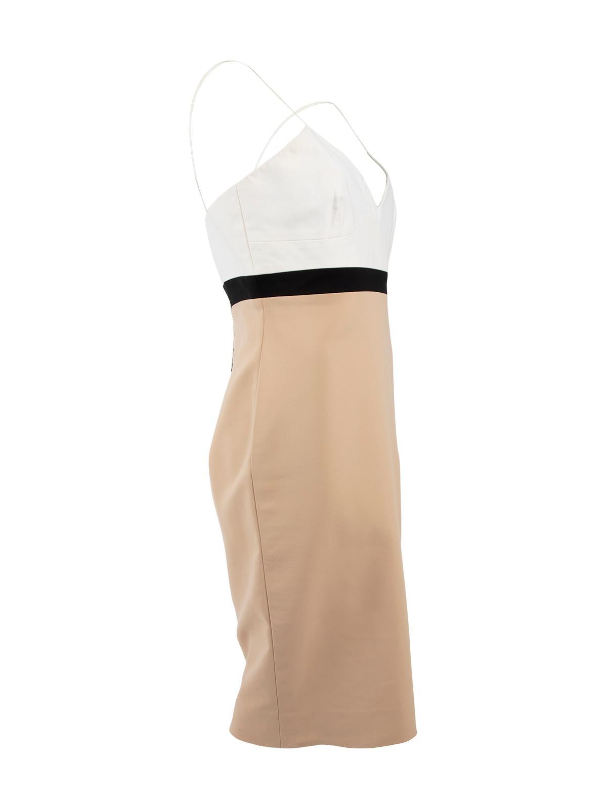 CONDITION is Good. Some wear to dress is evident. Small stain in the back and one loose thread on this used Victoria Beckham designer resale item.   Details  Dress No 319 White, black, beige Cotton Sleeveless Midi V Neck   Made in England  