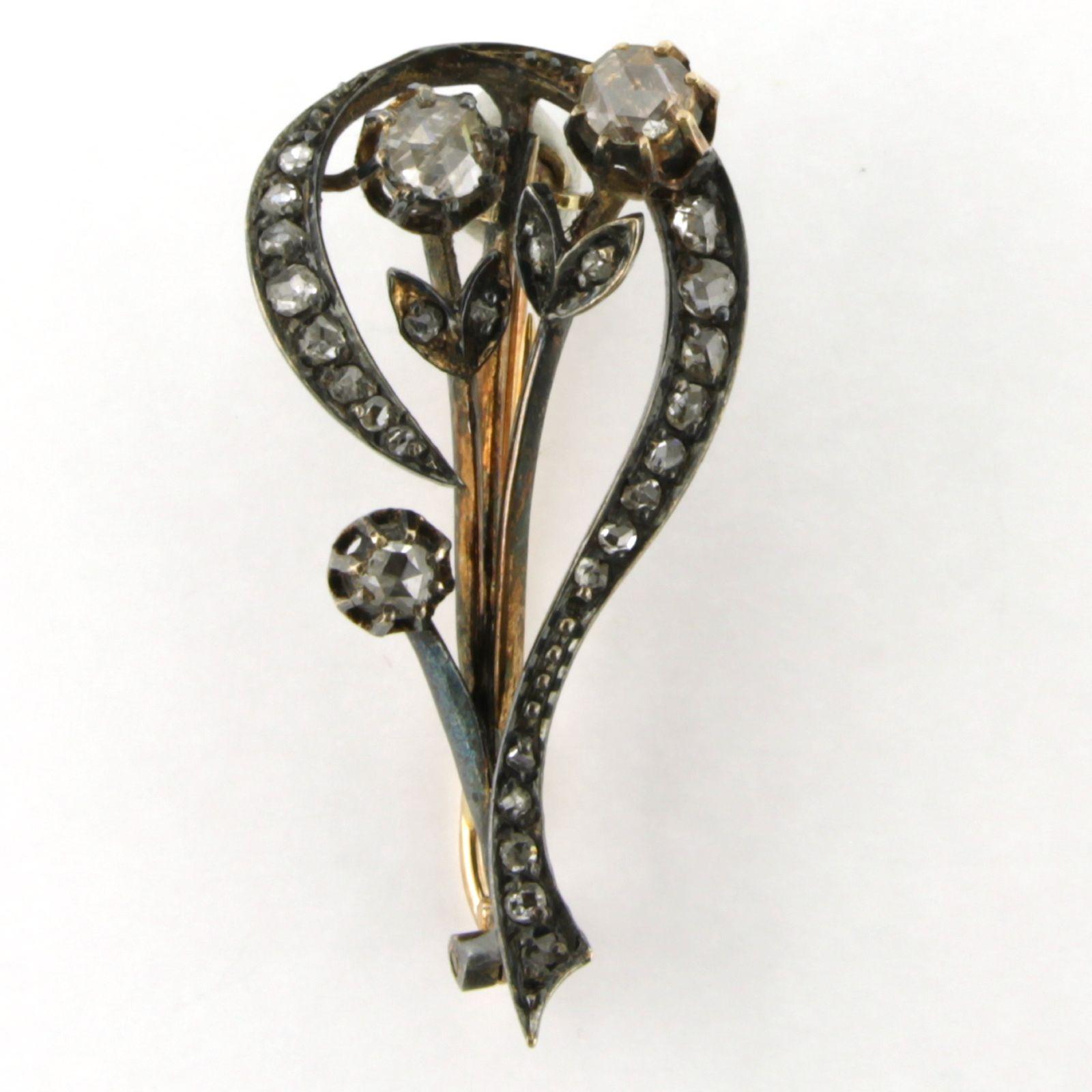 Victoria brooch with rose cut diamonds up to 0.40ct 14k yellow gold and silver