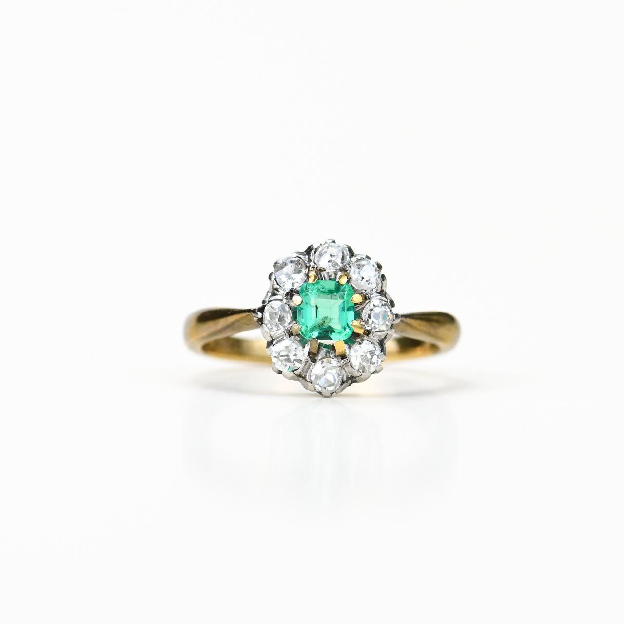 Antique Cushion Cut Victoria Colombian Emerald and Diamond Ring For Sale