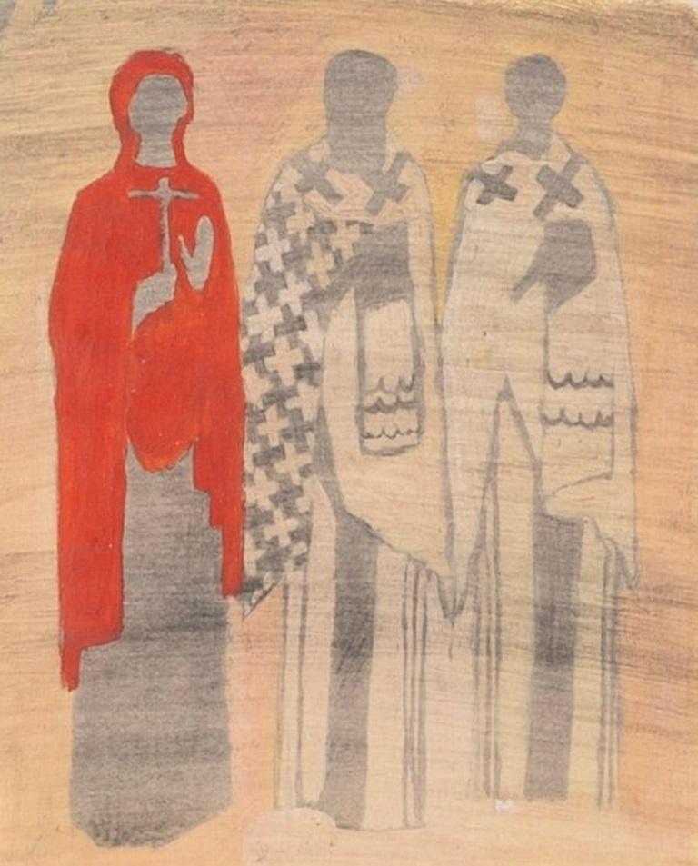 Studio iconografico IV: Tre figure, Icone religiose rosse su carta, 1967/8 - Painting di Victoria Crowe