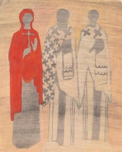Iconography Study IV: Three Figures, Red Religious Icon on Paper, 1967/8