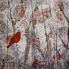 "Roter Vogel" (2025) Abstraktes figuratives Enkaustik-Gemälde auf gewiegter Platte