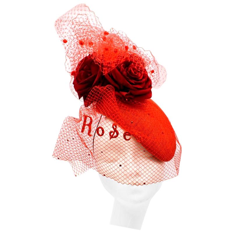 Victoria Grant Bespoke Red Rose Tulle Embellished Head Piece  For Sale