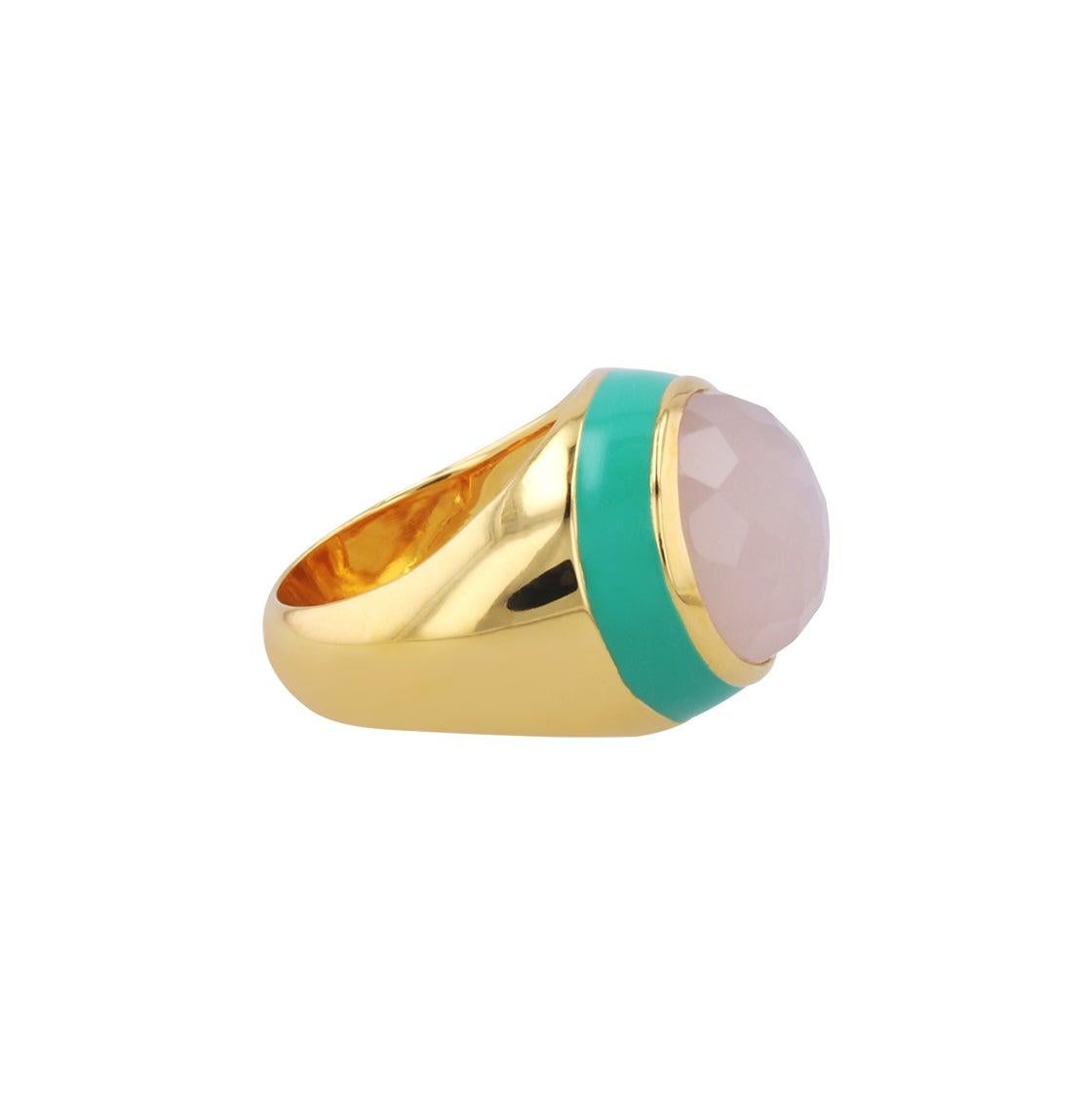 For Sale:  Victoria Green Enamel Ring with Peach Moonstone in 18k Gold 6
