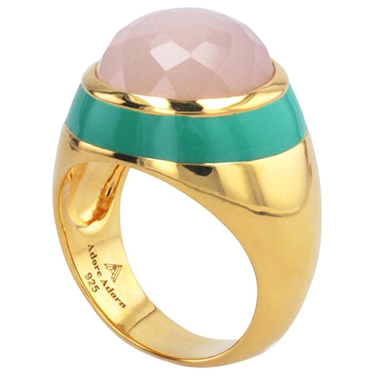 For Sale:  Victoria Green Enamel Ring with Peach Moonstone in 18k Gold