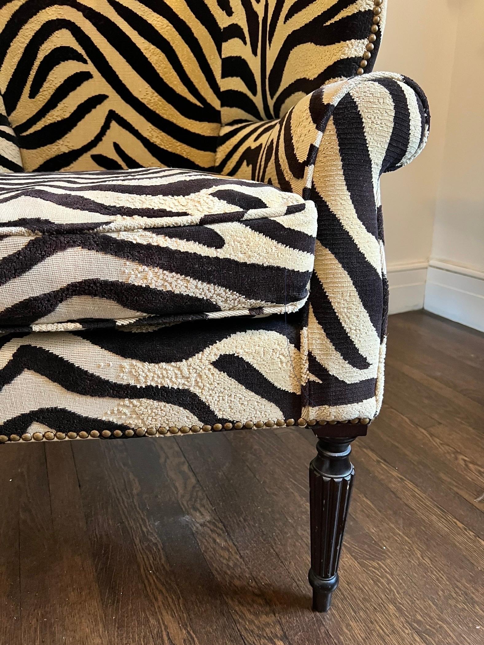 George III Victoria Hagan Wainscott Zebra Print Wingback Chairs, Pair