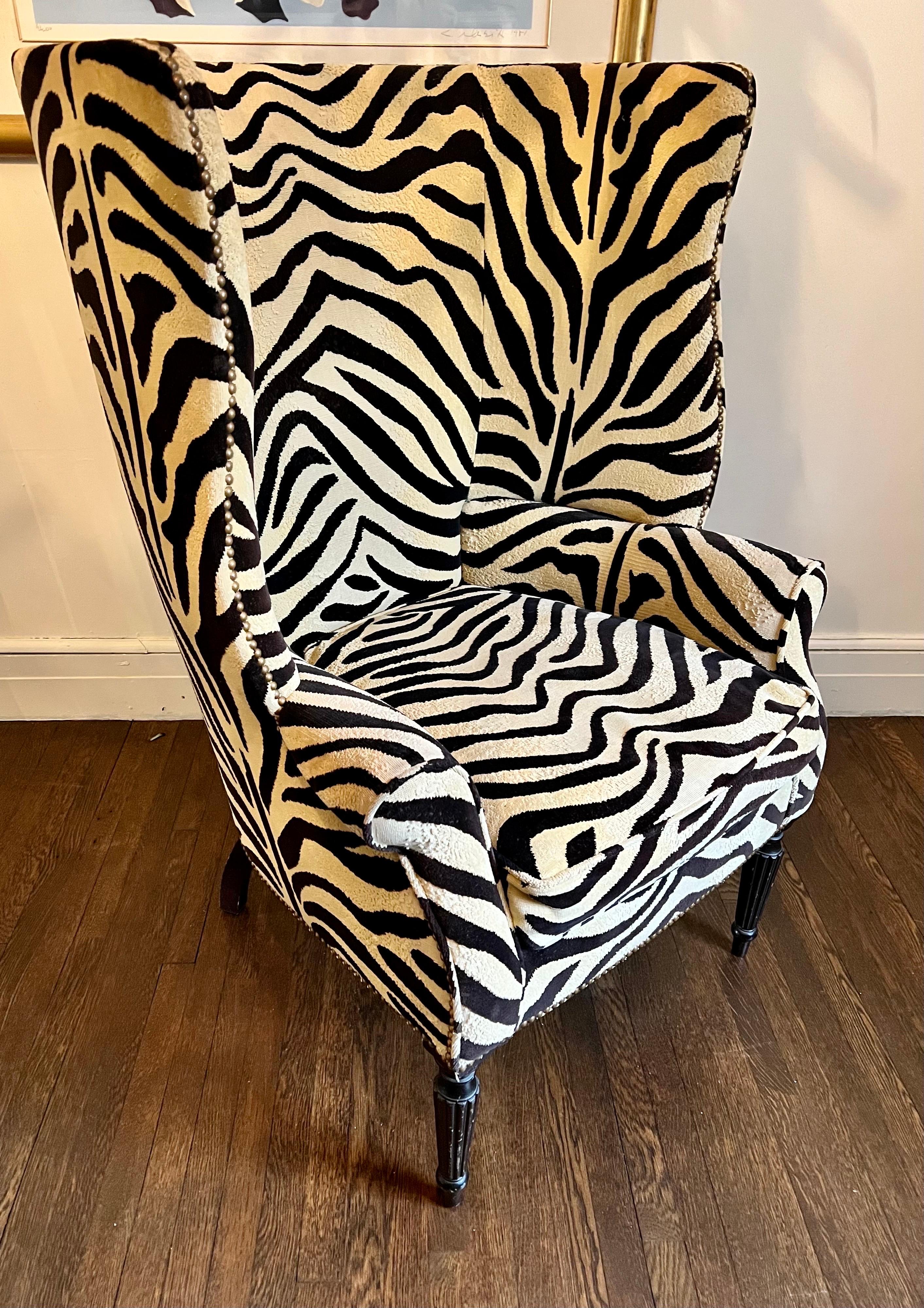 Contemporary Victoria Hagan Wainscott Zebra Print Wingback Chairs, Pair