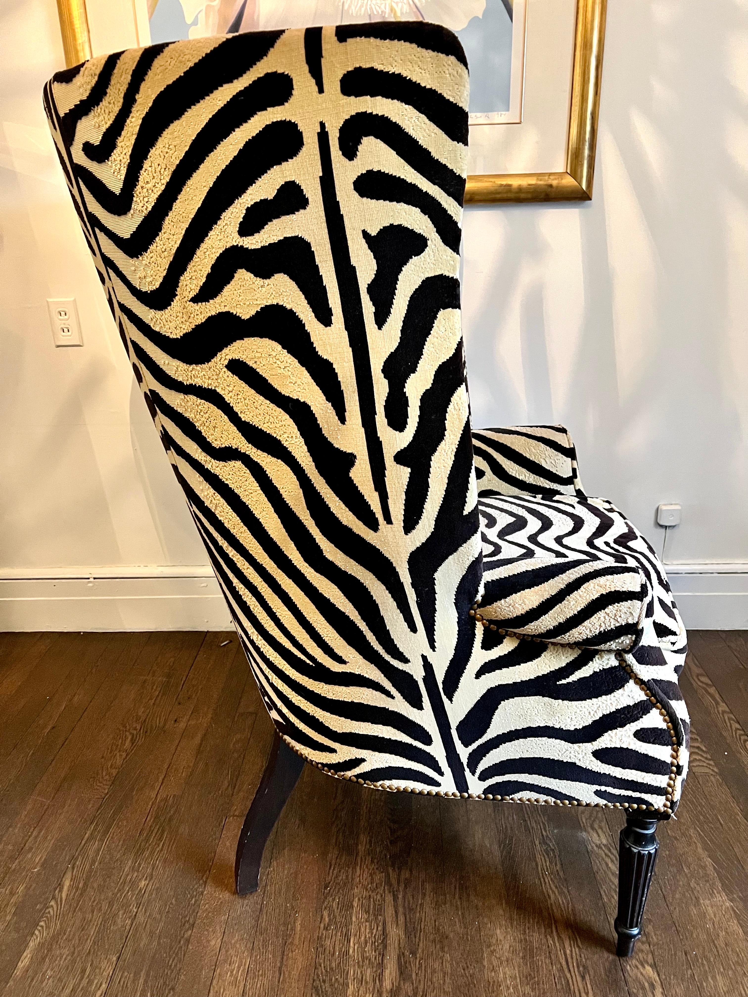 Brass Victoria Hagan Wainscott Zebra Print Wingback Chairs, Pair