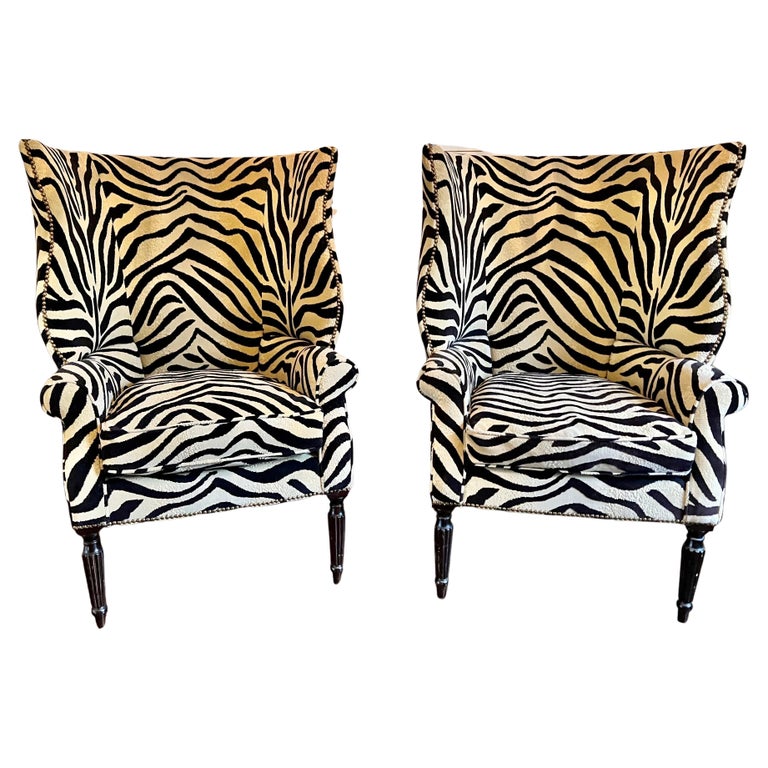 Victoria Hagan Wainscott Zebra Print Wingback Chairs, Pair For Sale at