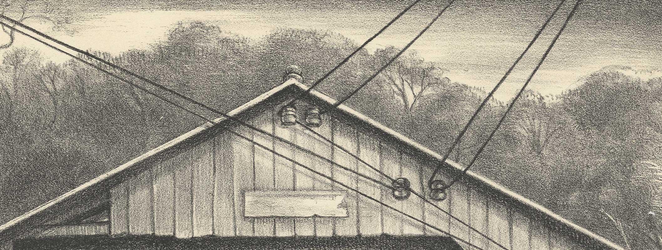 One of Vermont's iconic covered bridges is depicted in this 1946 lithograph.

Originally from New Jersey, Victoria Hudson Huntley grew up in the New York area and studied at the New York School of Fine Art and the Arts Student League. Her teachers