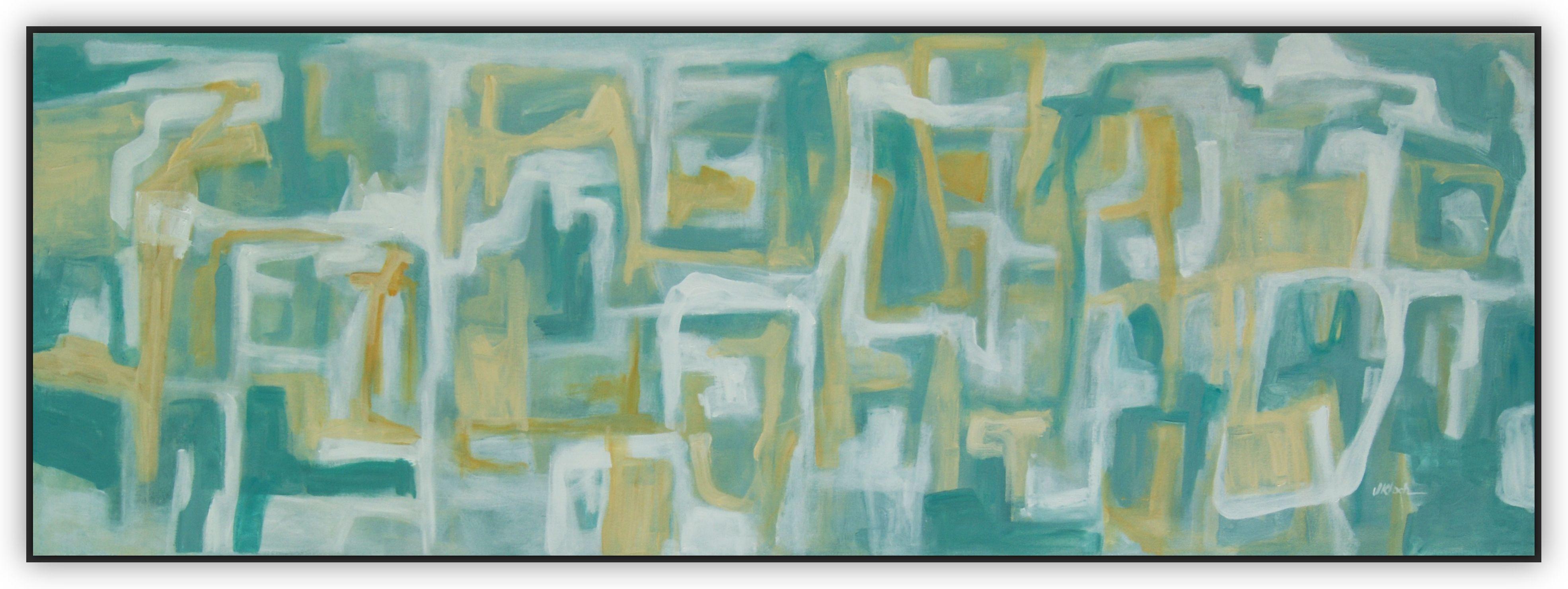 Original, Modern, Joyful and Delicately Complex  Colors are buttery Yellow, subtle greys, muted aqua green and white.  This piece ships unframed and will arrive rolled in a tube.   Image shows with a frame for point of reference only.   Preserved