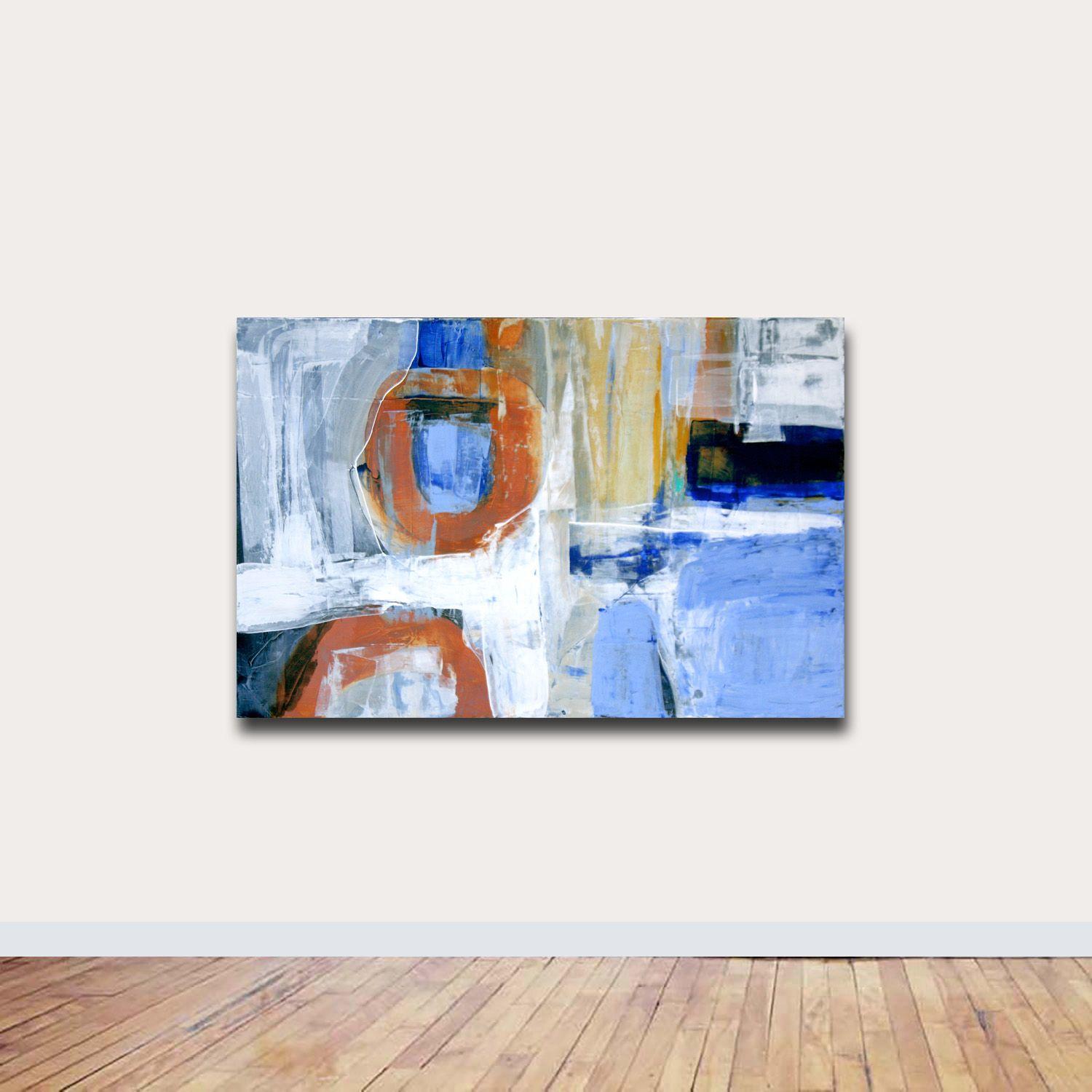 By The Wayside, modern expressionism abstract painting Colors in earthy neutrals, burnt sienna, ultramarine blue, yellow ochre, white, paynes gray and a hint of aqua.    This piece has vertical and horizontal orientations with signature on the