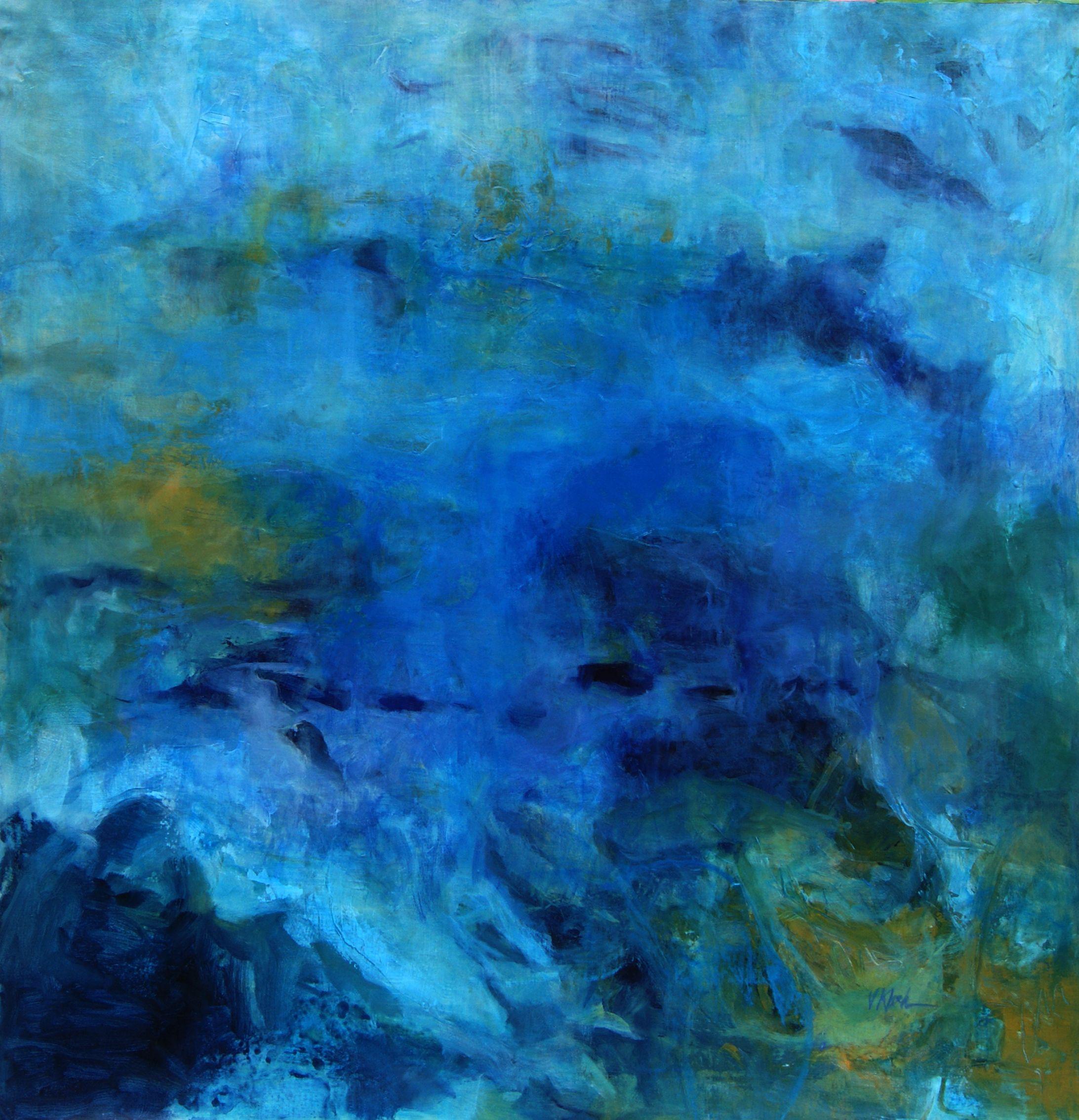 Down Under    This was created using layers of glazes of stunning blues, yellow ochre and green.  Signature on the lower right side. Please measure your desired space. This extra-large original modern color field has the feel of an abstract