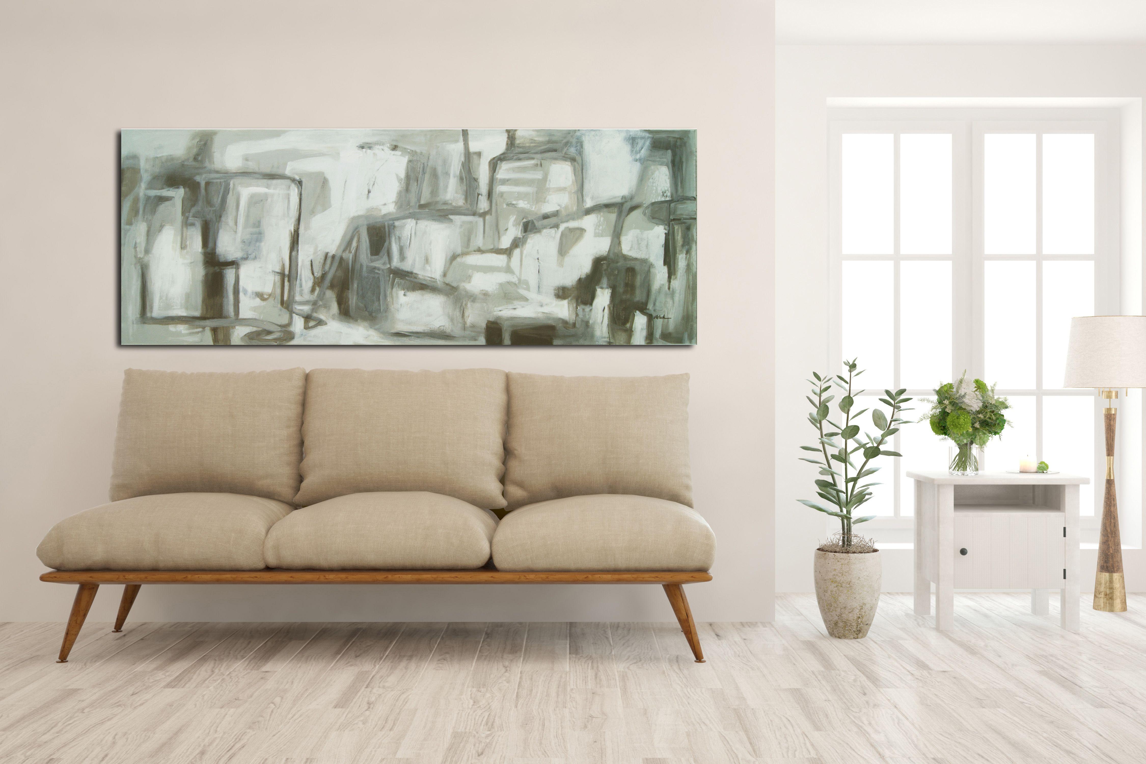 Hidden In Plain Sight - Size: 82 x 32 x 10" (unframed) / 72" x 26" when framed.    Original, Modern, Contemporary.  Beautiful hews of neutral grays and white.  Varnished with a 'satin' finish.    It will arrive unframed shipped in a tube. ::