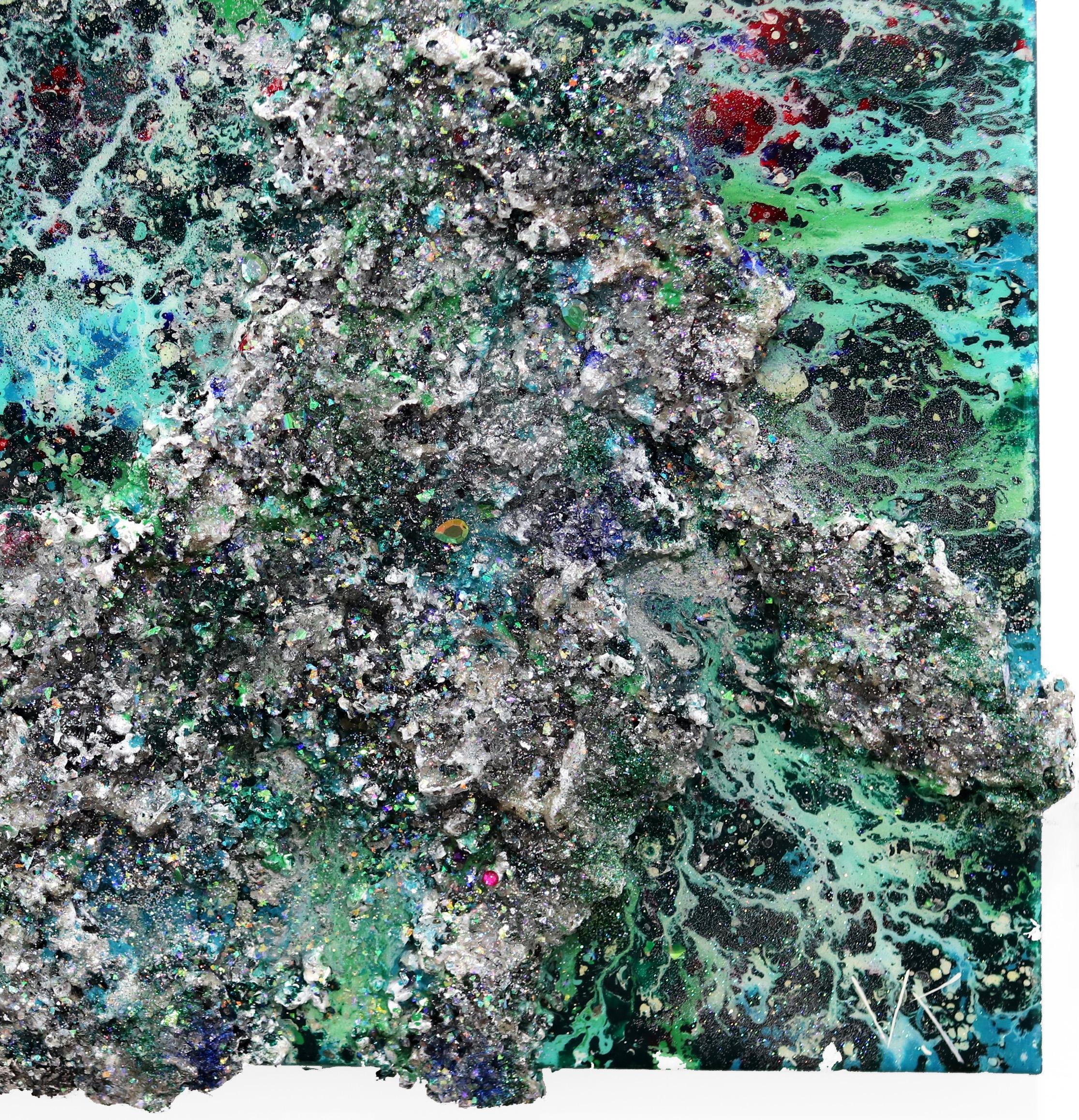 The World VI-II - Large Sculptural Green Oil, Mixed Media, and Resin Painting For Sale 2