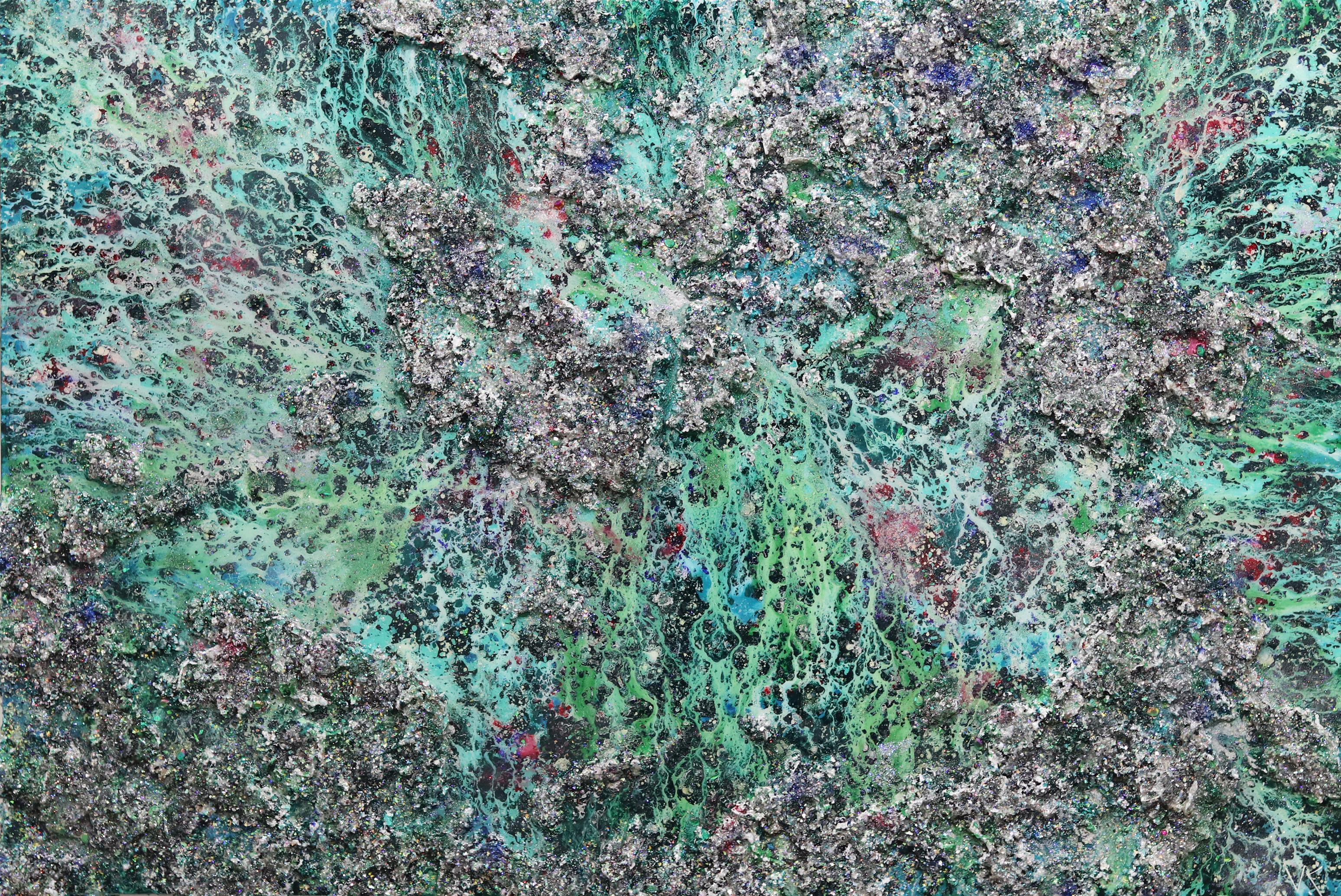 The World VI-II - Large Sculptural Green Oil, Mixed Media, and Resin Painting For Sale 3